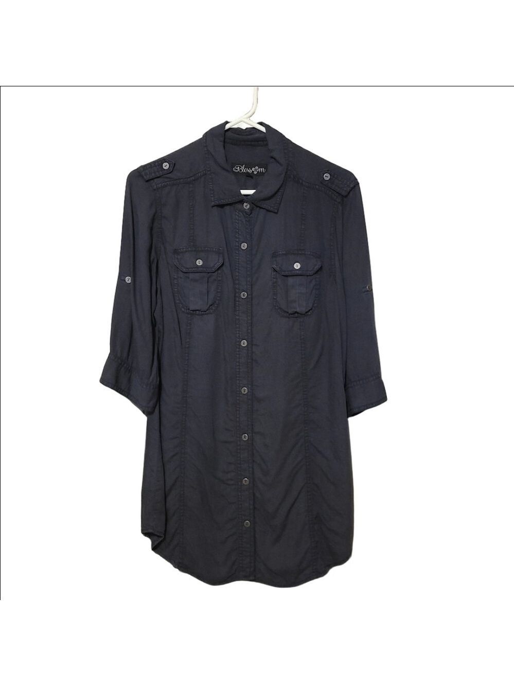 ​Blossom Navy Blue Shirt Dress Tencel Utility Cargo Mini Roll Tab Sleeve Medium
